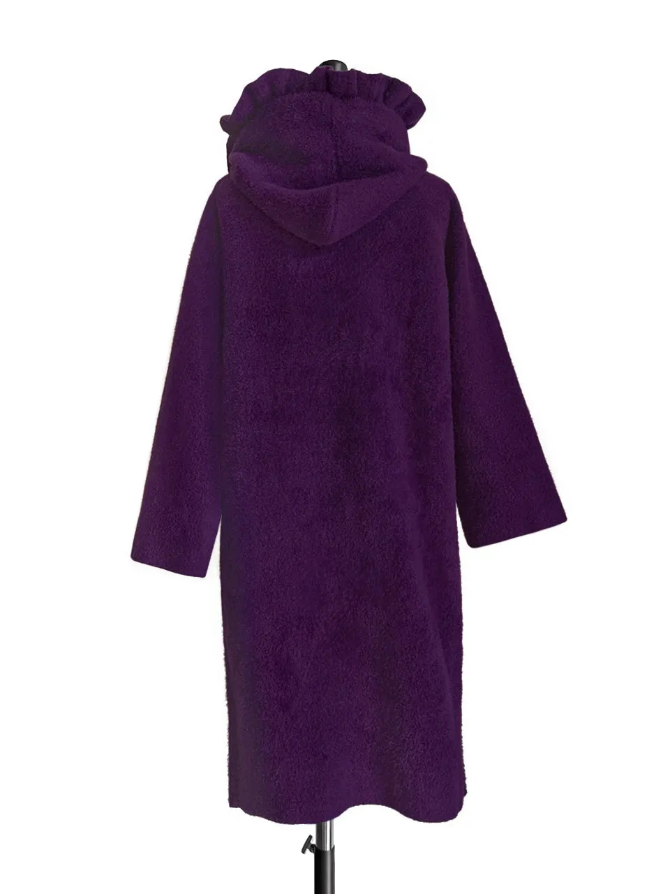 Purple Ruffle Trim Mohair Blended Longline Hooded Coatigan