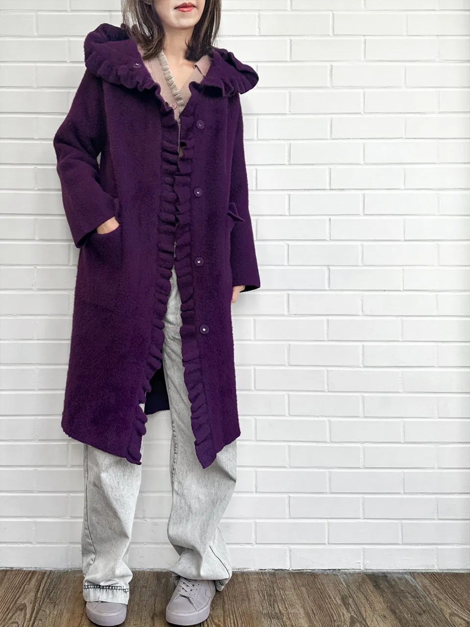 Purple Ruffle Trim Mohair Blended Longline Hooded Coatigan