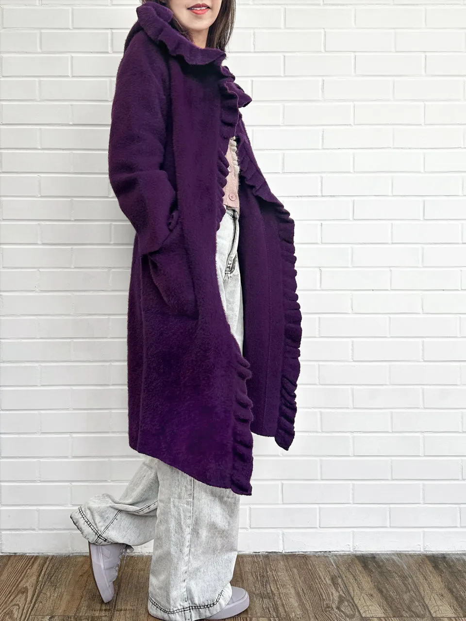 Purple Ruffle Trim Mohair Blended Longline Hooded Coatigan