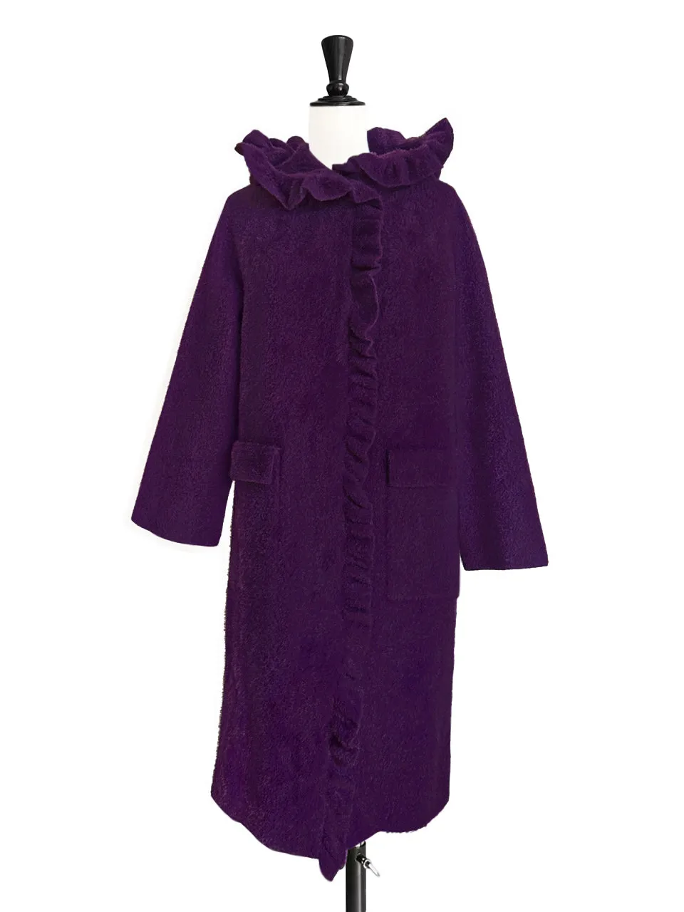 Purple Ruffle Trim Mohair Blended Longline Hooded Coatigan