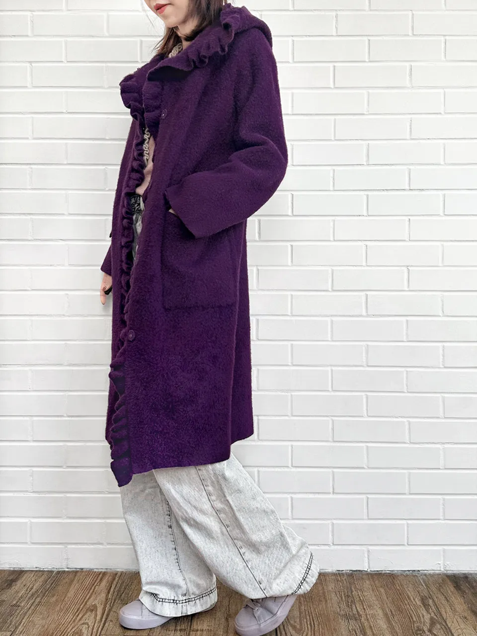 Purple Ruffle Trim Mohair Blended Longline Hooded Coatigan