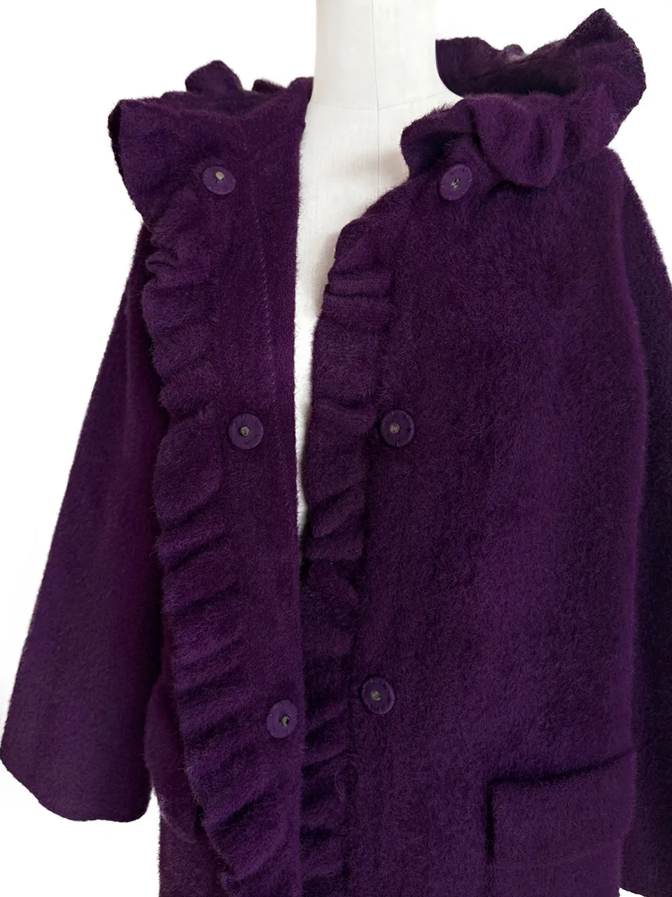 Purple Ruffle Trim Mohair Blended Longline Hooded Coatigan