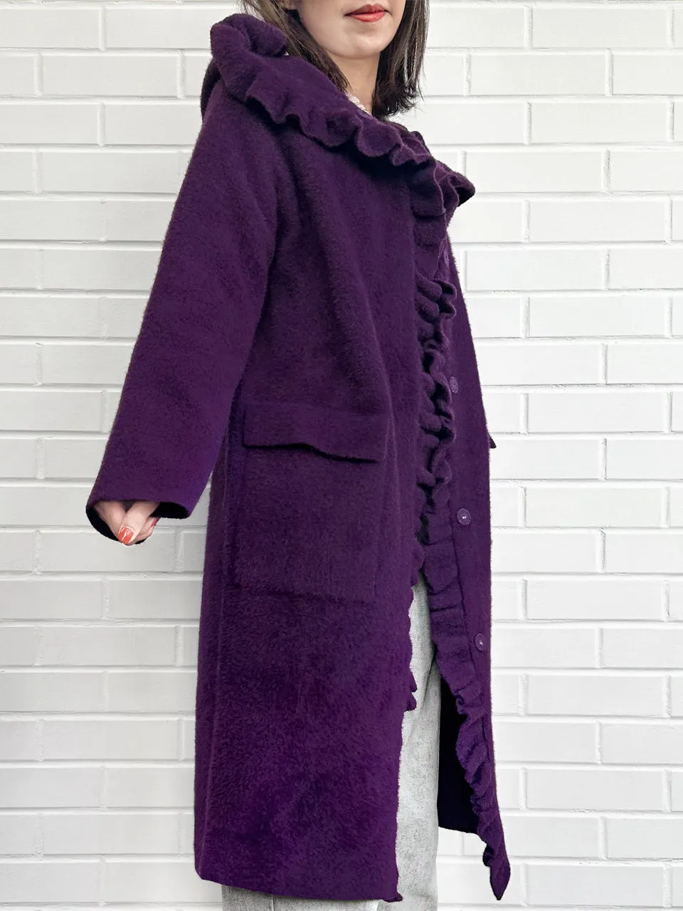 Purple Ruffle Trim Mohair Blended Longline Hooded Coatigan