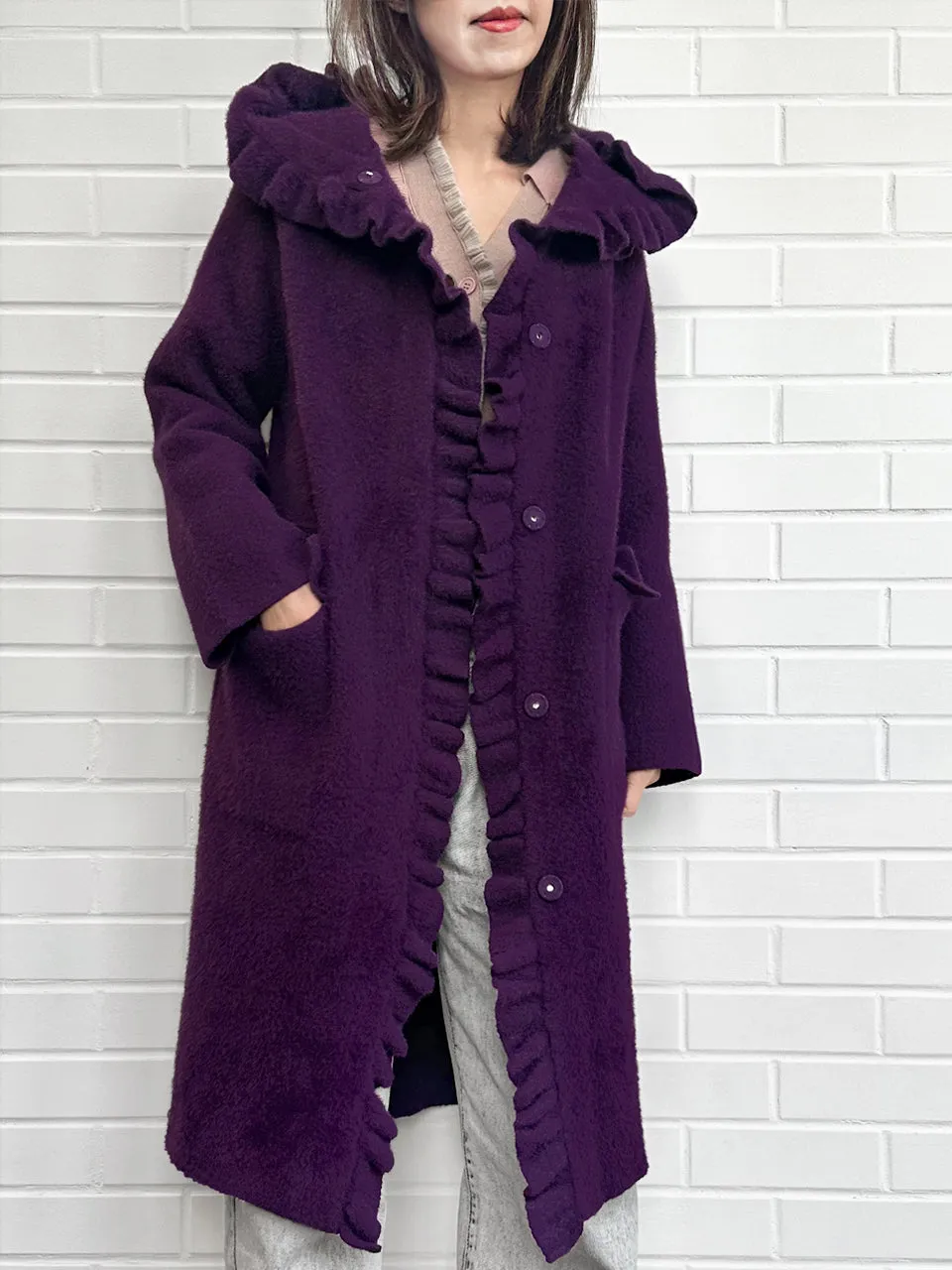 Purple Ruffle Trim Mohair Blended Longline Hooded Coatigan