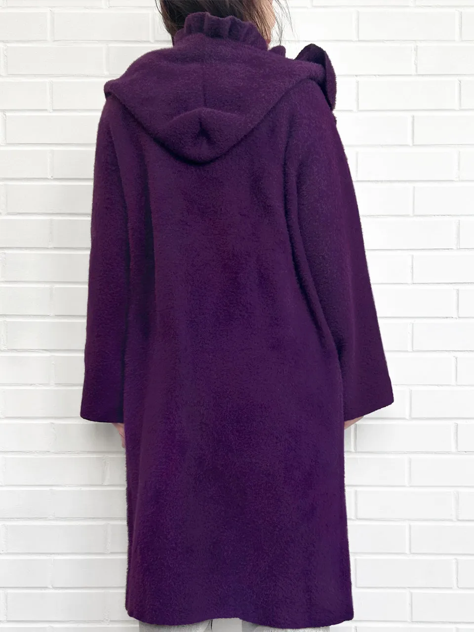 Purple Ruffle Trim Mohair Blended Longline Hooded Coatigan