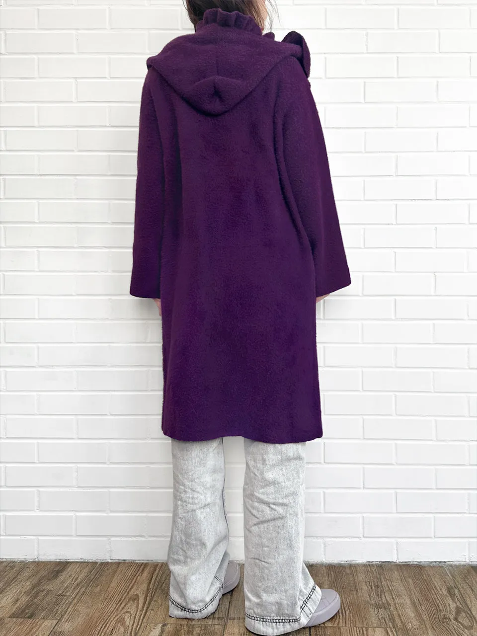 Purple Ruffle Trim Mohair Blended Longline Hooded Coatigan