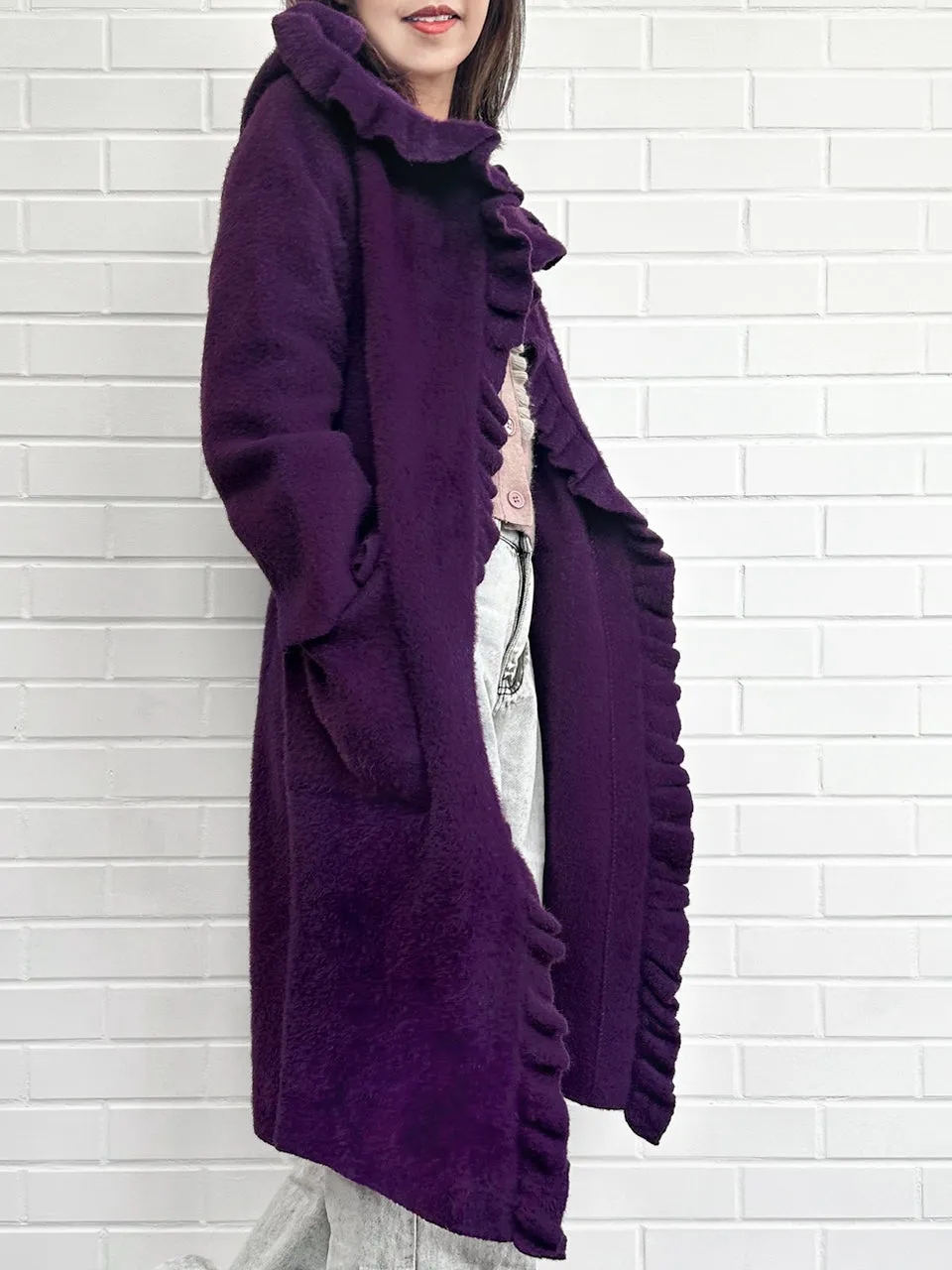 Purple Ruffle Trim Mohair Blended Longline Hooded Coatigan