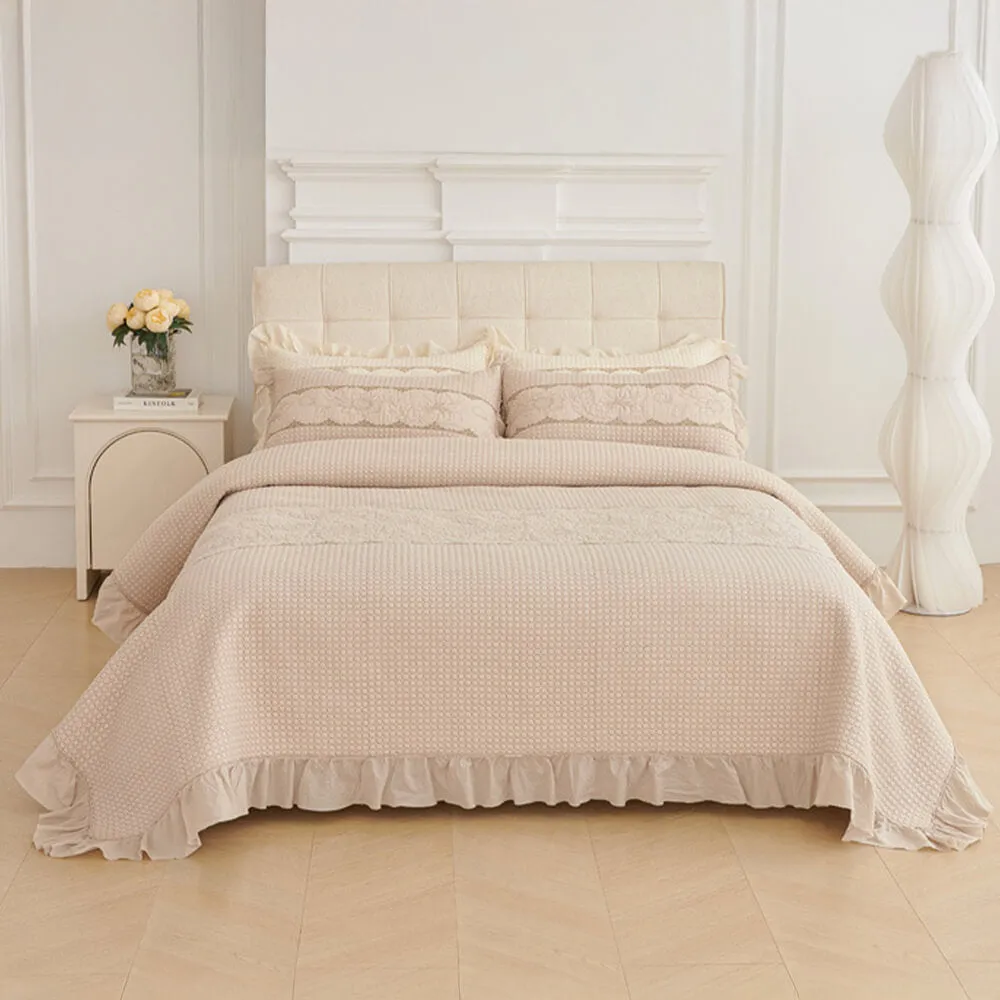 Ruffle Trim Soft Breathable Quilted Cotton Bedspread Set