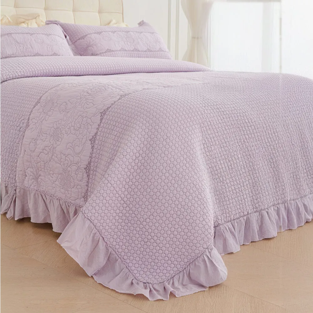 Ruffle Trim Soft Breathable Quilted Cotton Bedspread Set