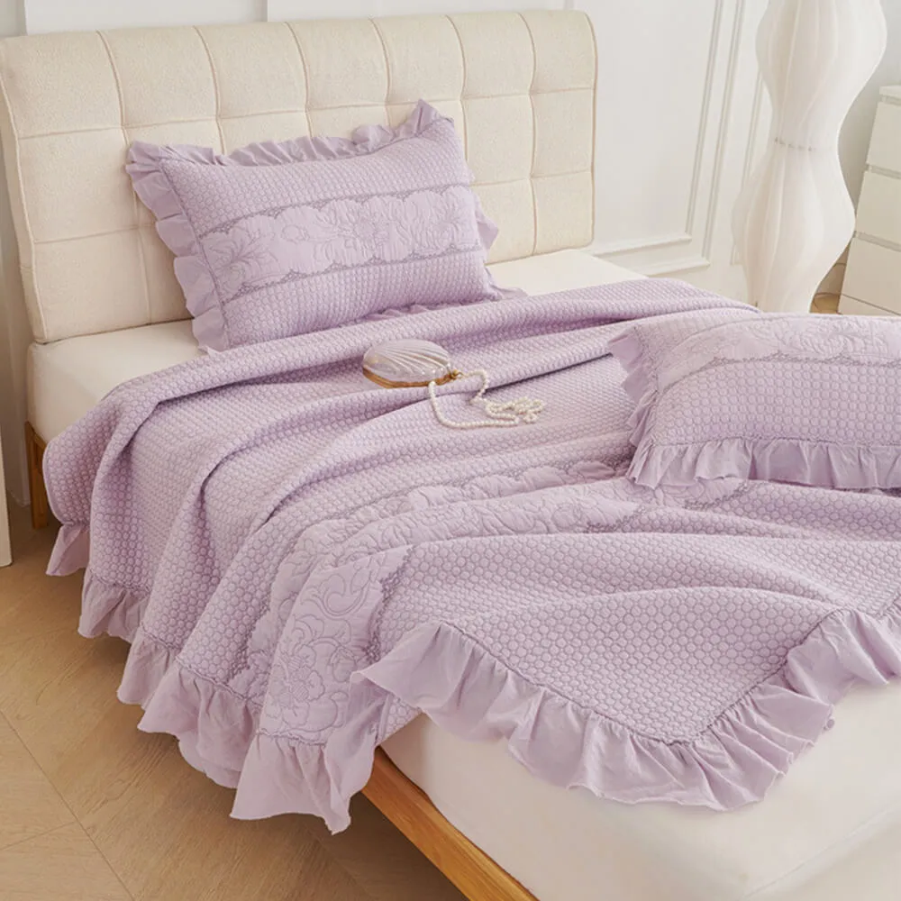 Ruffle Trim Soft Breathable Quilted Cotton Bedspread Set