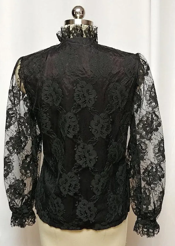 *SOPHISTICATED FANCY VINTAGE '60s JUDY BOND FANCY BLACK FLORAL LACE BLOUSE