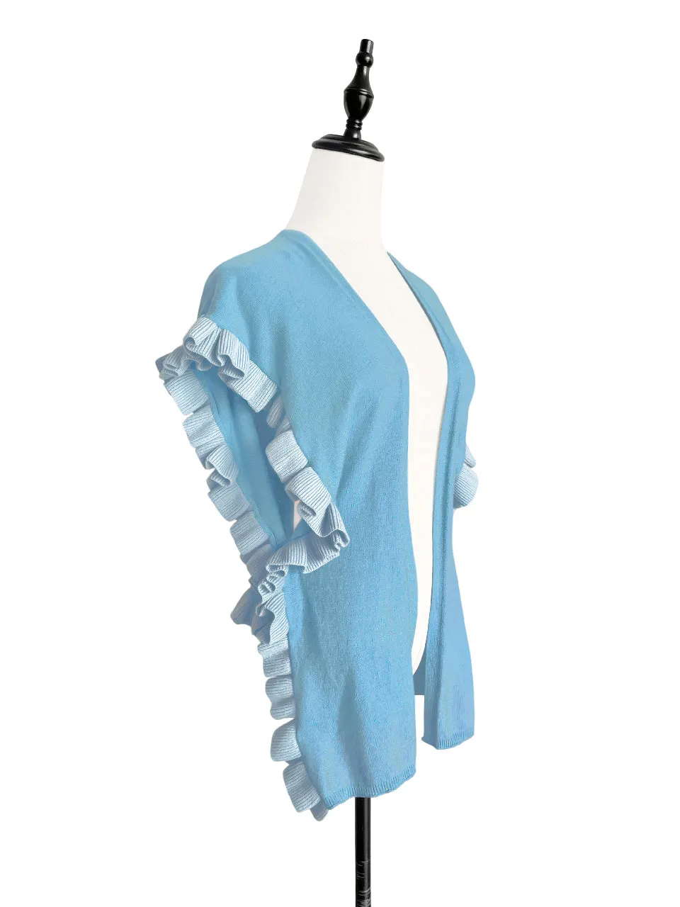 Tonal Blue Pleated Frills Wool & Cashmere Ruana - Scarf