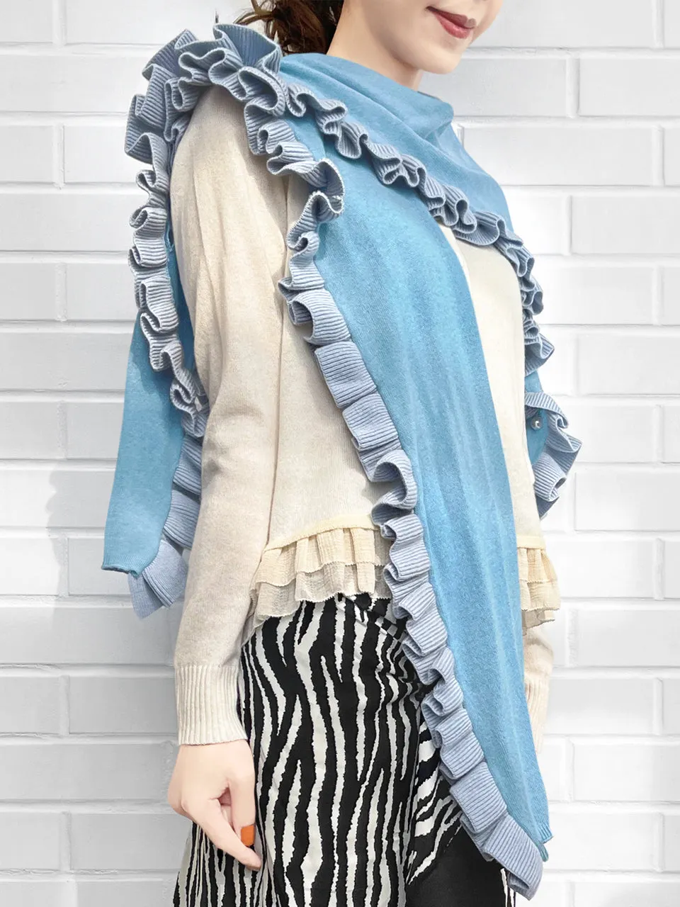 Tonal Blue Pleated Frills Wool & Cashmere Ruana - Scarf