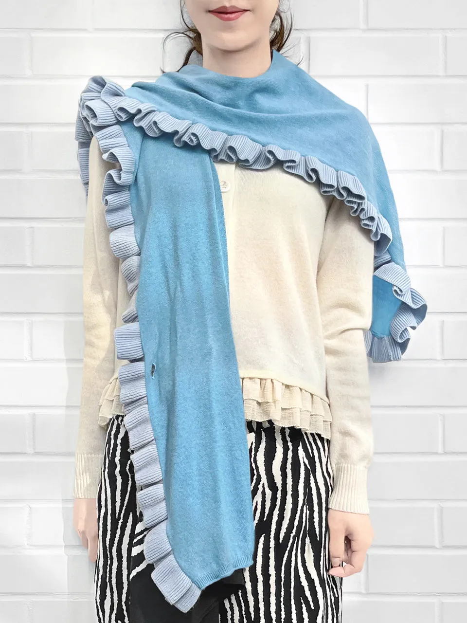 Tonal Blue Pleated Frills Wool & Cashmere Ruana - Scarf