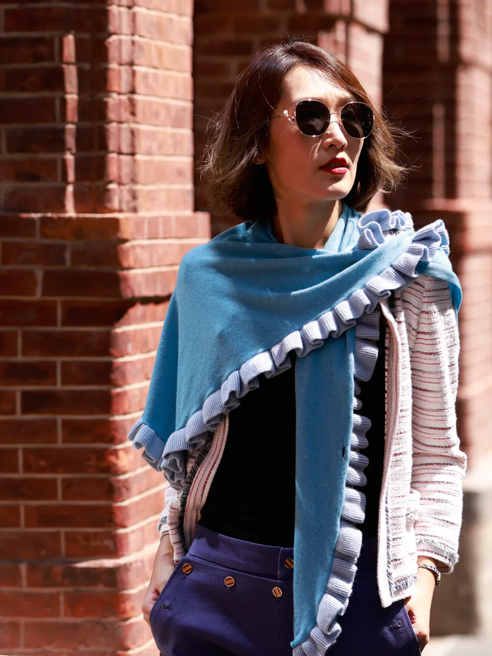 Tonal Blue Pleated Frills Wool & Cashmere Ruana - Scarf