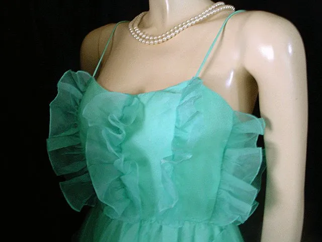 *VINTAGE JOY STEVENS AQUAMARINE ORGANZA FLOUNCE PROM DRESS / FORMAL / EVENING GOWN