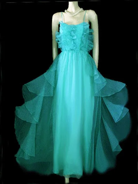 *VINTAGE JOY STEVENS AQUAMARINE ORGANZA FLOUNCE PROM DRESS / FORMAL / EVENING GOWN