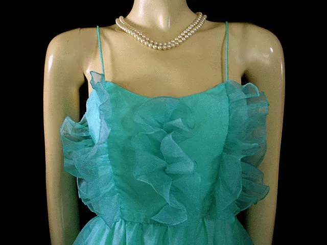 *VINTAGE JOY STEVENS AQUAMARINE ORGANZA FLOUNCE PROM DRESS / FORMAL / EVENING GOWN