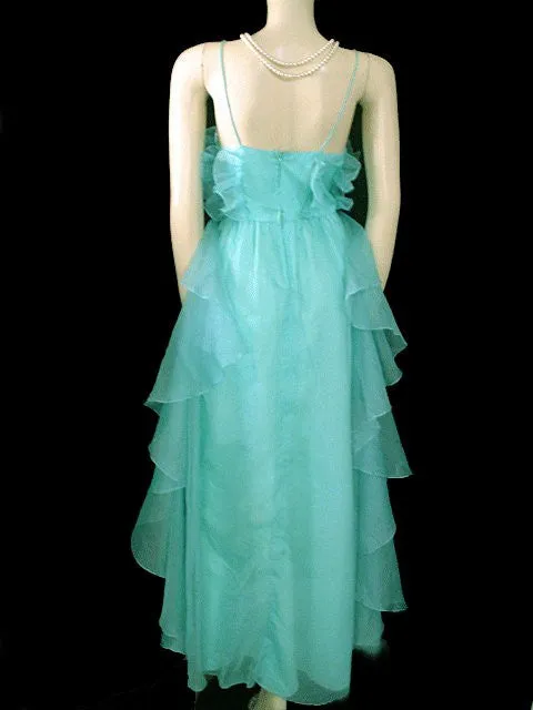 *VINTAGE JOY STEVENS AQUAMARINE ORGANZA FLOUNCE PROM DRESS / FORMAL / EVENING GOWN