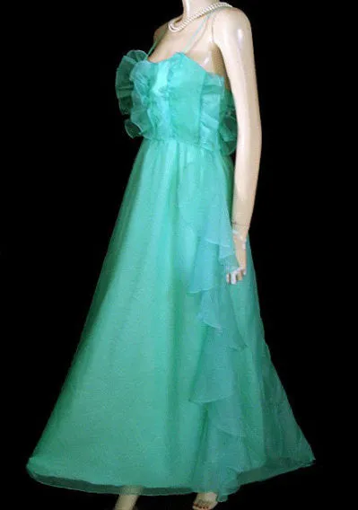 *VINTAGE JOY STEVENS AQUAMARINE ORGANZA FLOUNCE PROM DRESS / FORMAL / EVENING GOWN