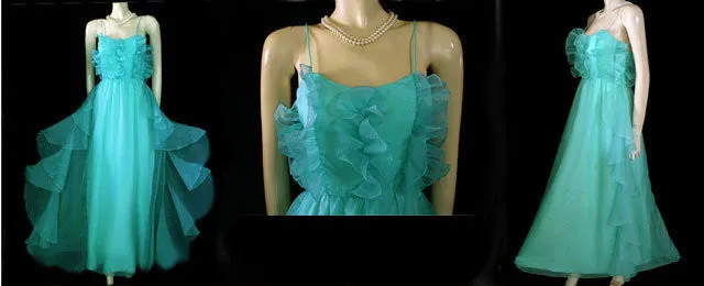 *VINTAGE JOY STEVENS AQUAMARINE ORGANZA FLOUNCE PROM DRESS / FORMAL / EVENING GOWN