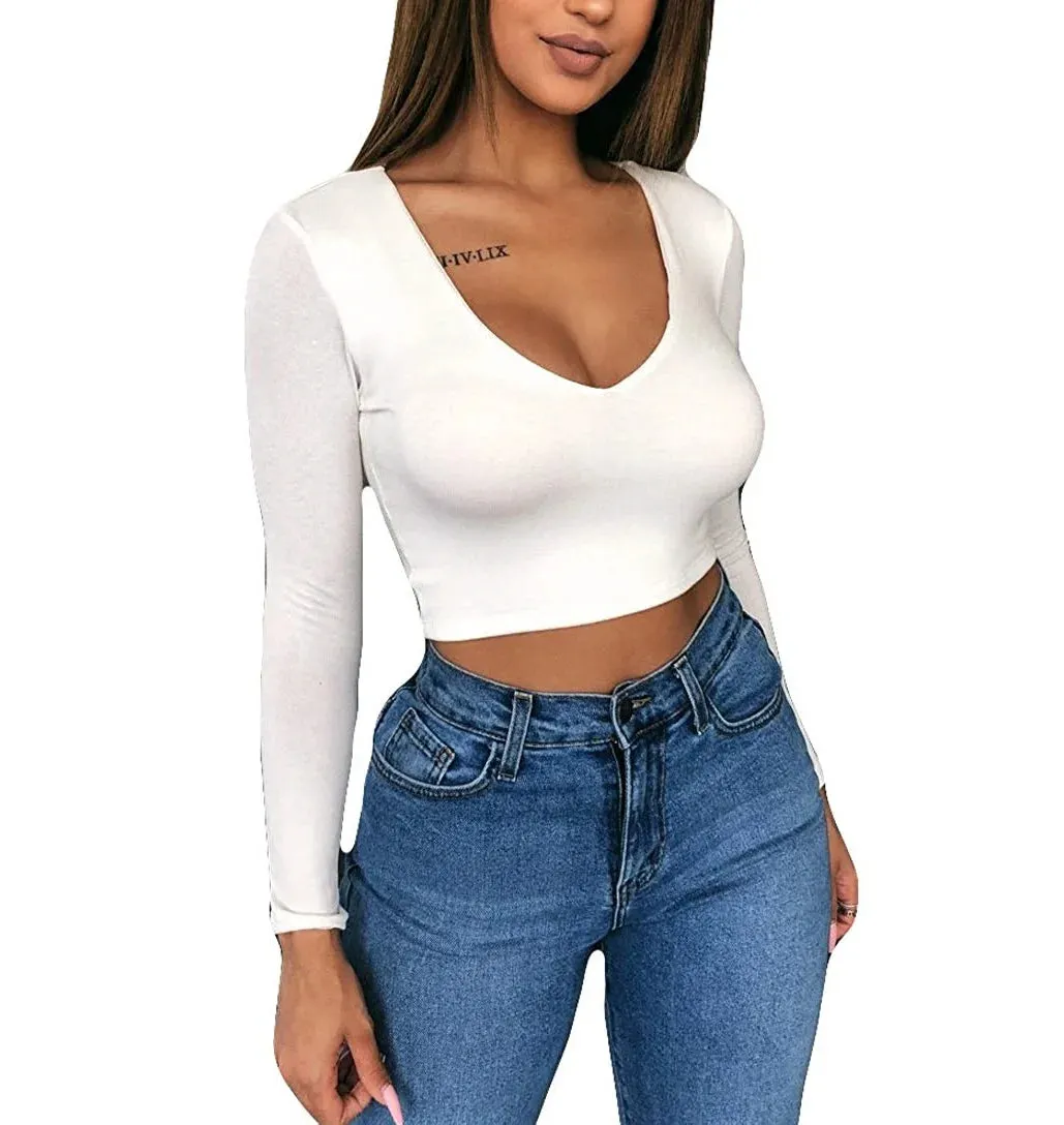 Womens Shirt Crop Top Style Long Sleeve Workout Fitness Athletic Sports Gym