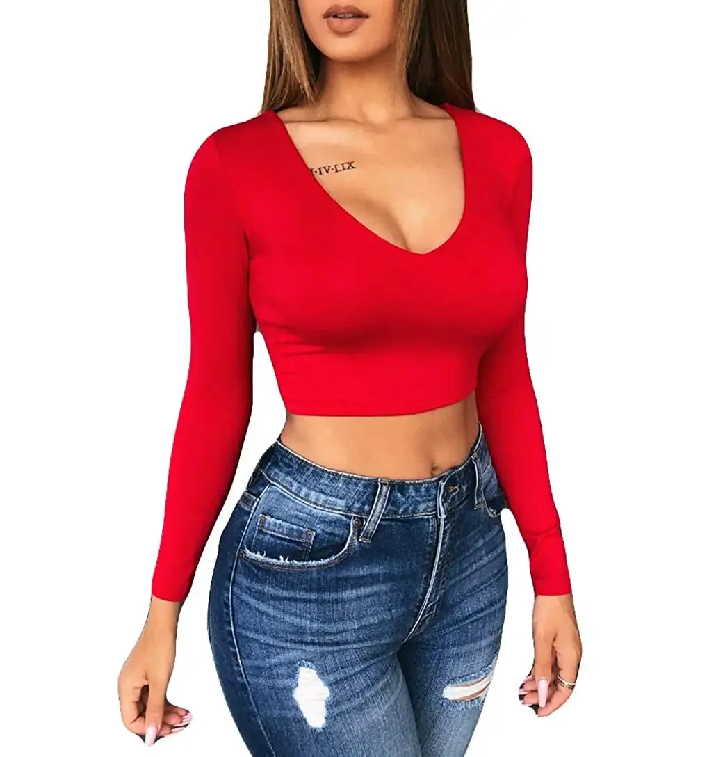 Womens Shirt Crop Top Style Long Sleeve Workout Fitness Athletic Sports Gym