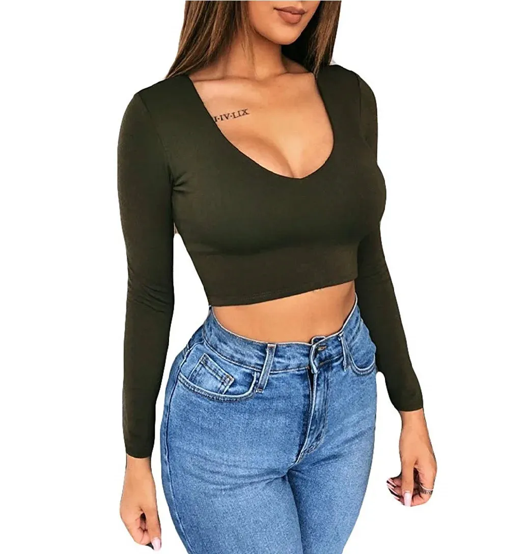 Womens Shirt Crop Top Style Long Sleeve Workout Fitness Athletic Sports Gym