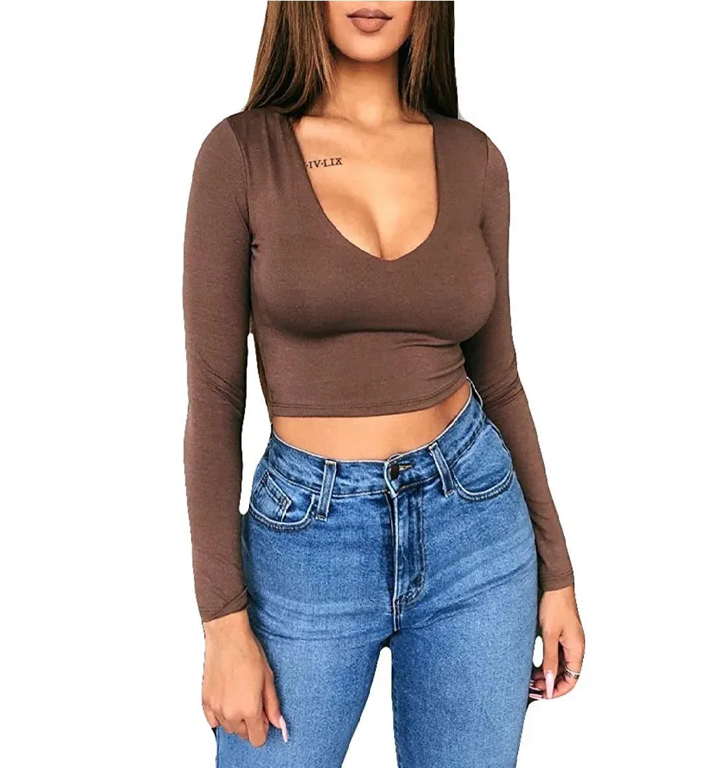 Womens Shirt Crop Top Style Long Sleeve Workout Fitness Athletic Sports Gym