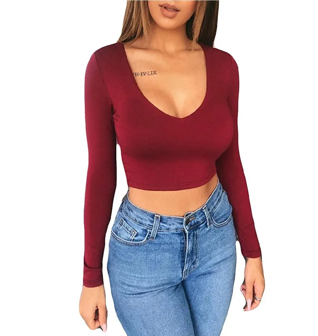 Womens Shirt Crop Top Style Long Sleeve Workout Fitness Athletic Sports Gym