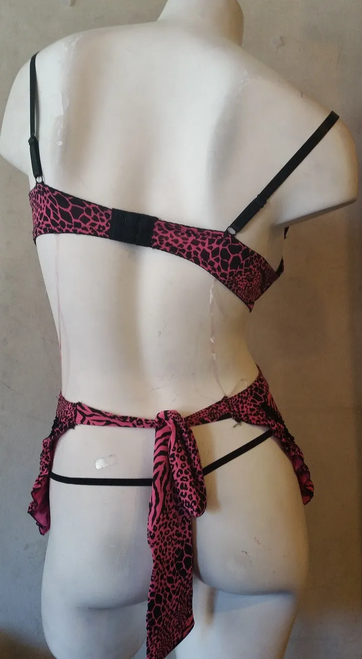 Womens Slinky Pink Apron Front Lingerie Animal Print with G-String Panty Set