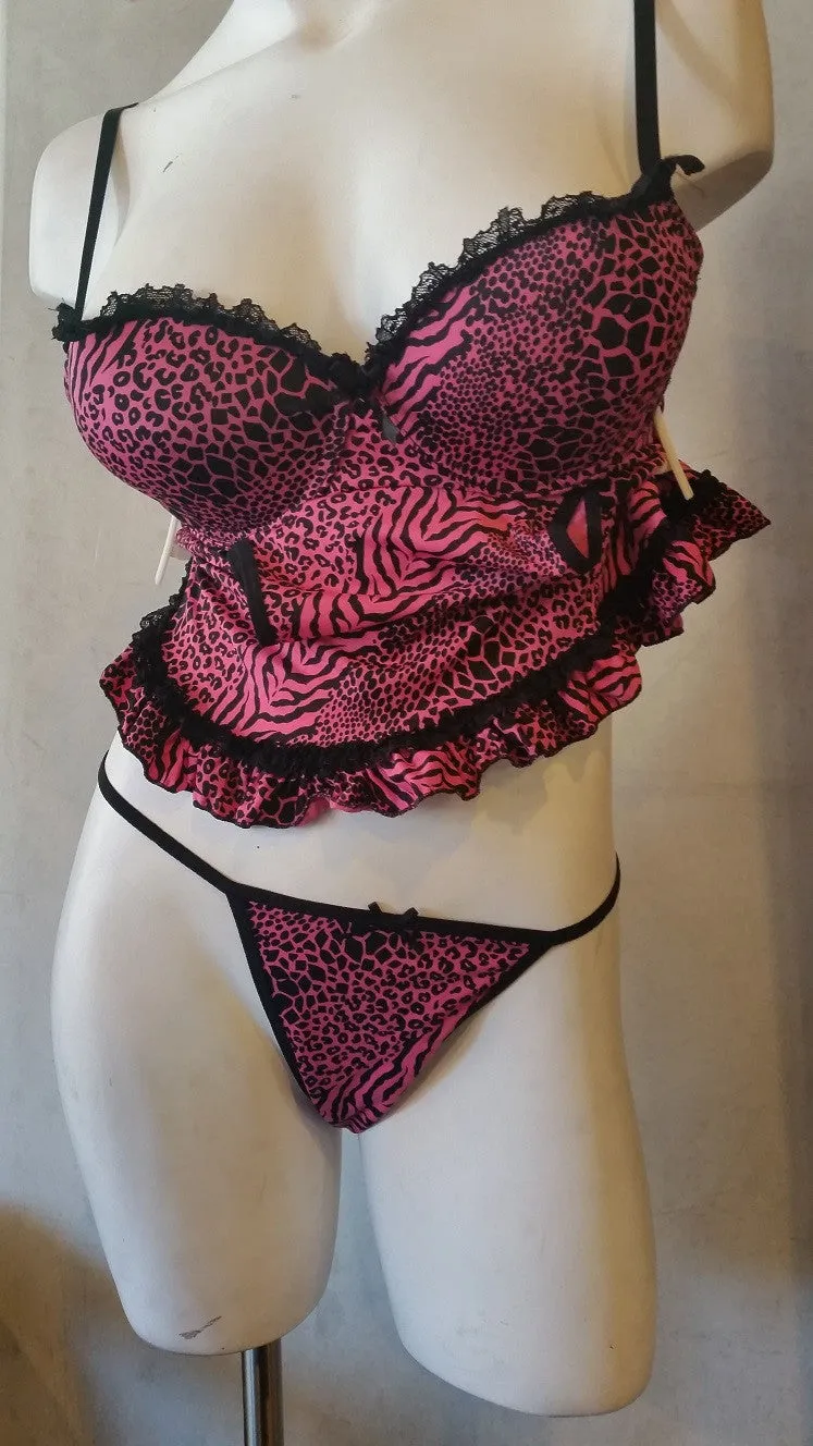 Womens Slinky Pink Apron Front Lingerie Animal Print with G-String Panty Set